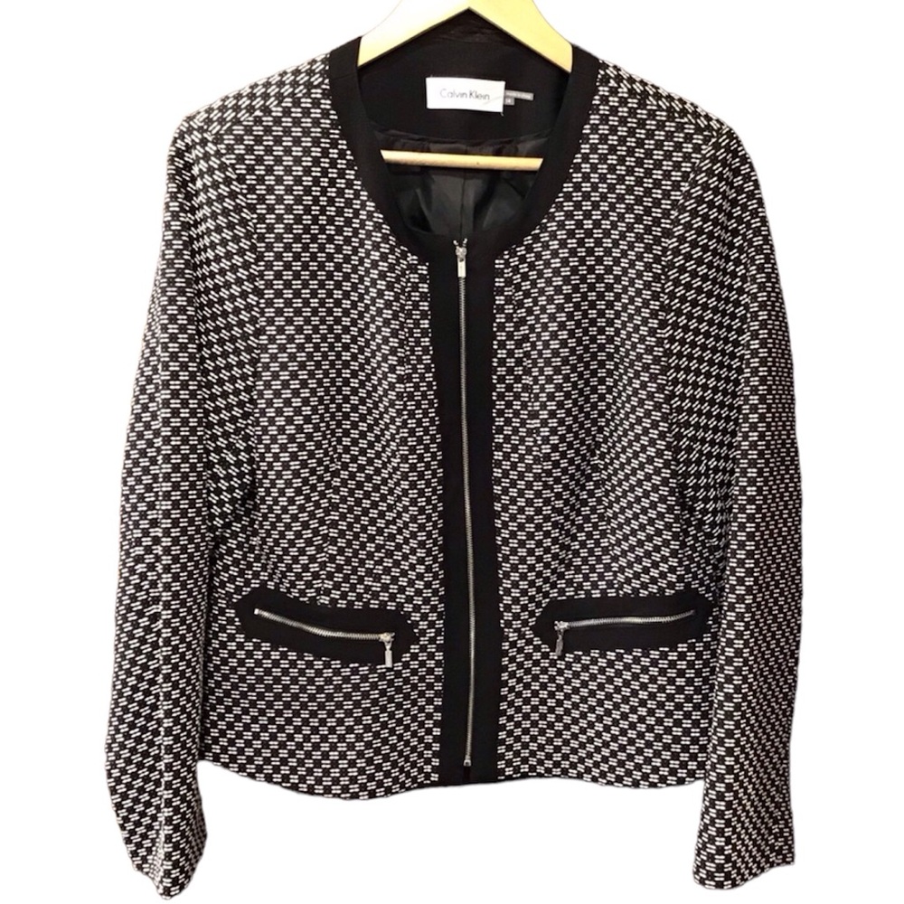 Calvin Klein Womens Collarless Blazer Size 14 Padded Shoulder Zip Up Jacket Twee
